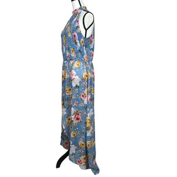 Venus Women's Maxi Cover Up Tunic Top XL Blue Floral Halter Smocked High Slit - Picture 5 of 11